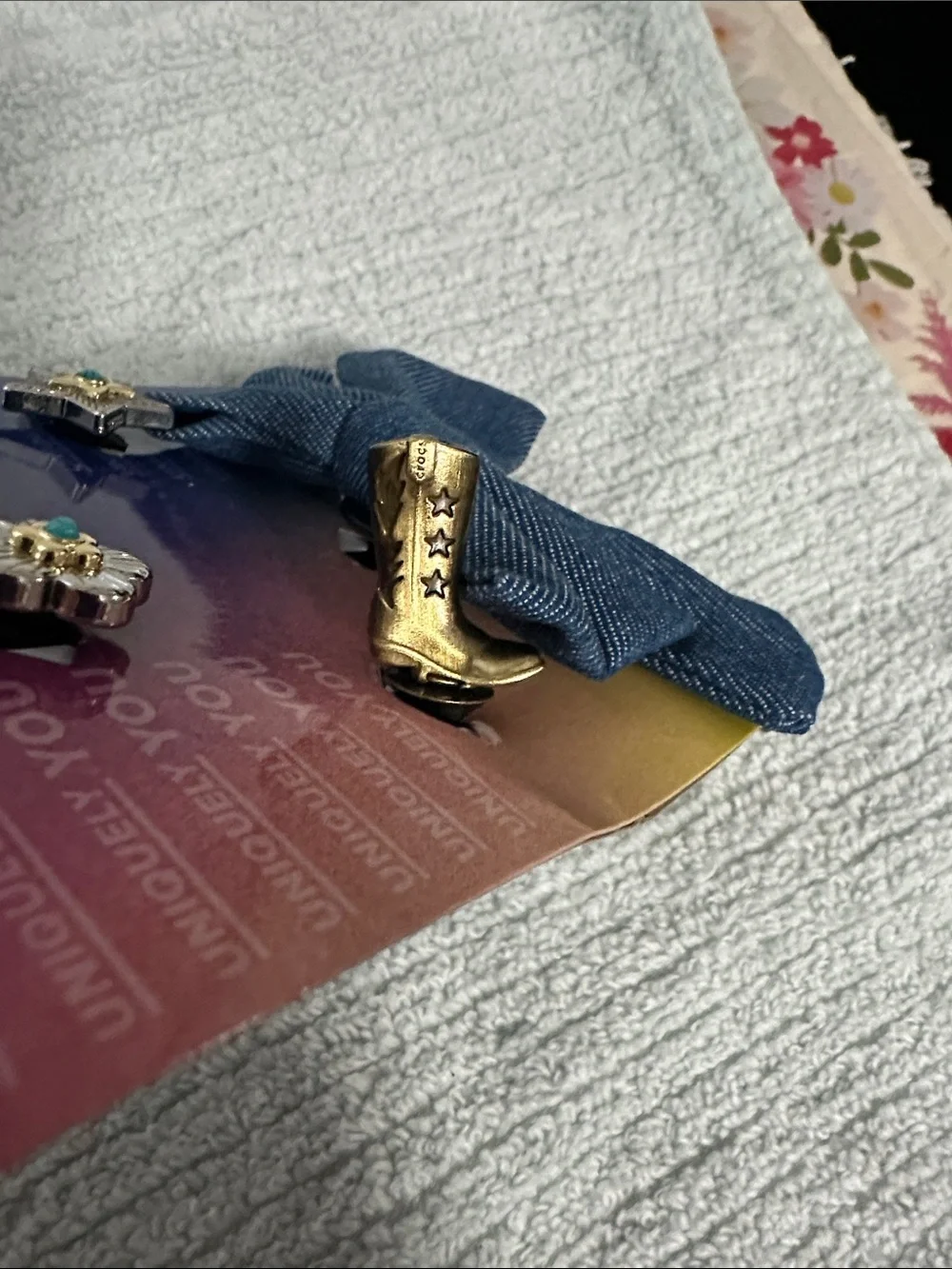 CROCS Denim Bow Croc Charms with Heart Patch & Silver Charms and cowgirl boot